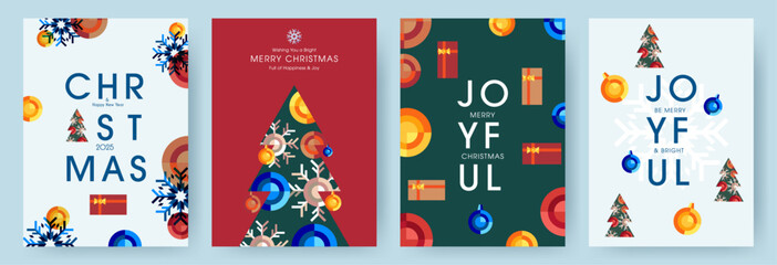 Merry Christmas and Happy New Year greeting card Set. Xmas geometric design with typography, christmas tree, balls, gift and snowflakes. Minimal art style. Xmas illustration for poster, banner, cover.