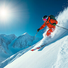 Skier in a bright orange jacket speeding down a snowy mountain slope under a sunny blue sky
