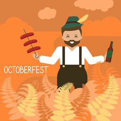 Smiling Oktoberfest  Man in Traditional Dress With Beer and Sausages, vector illustration