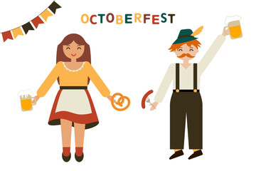 Oktoberfest Characters with Beer and Sausage in Traditional Outfits, vector illustration