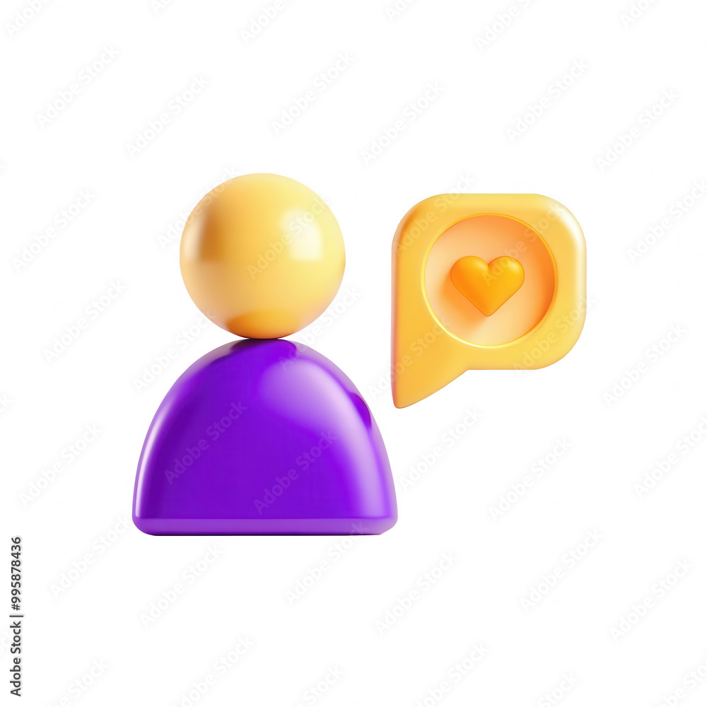 Poster a colorful 3d rendered simplified person icon in purple and yellow. it features a speech bubble with