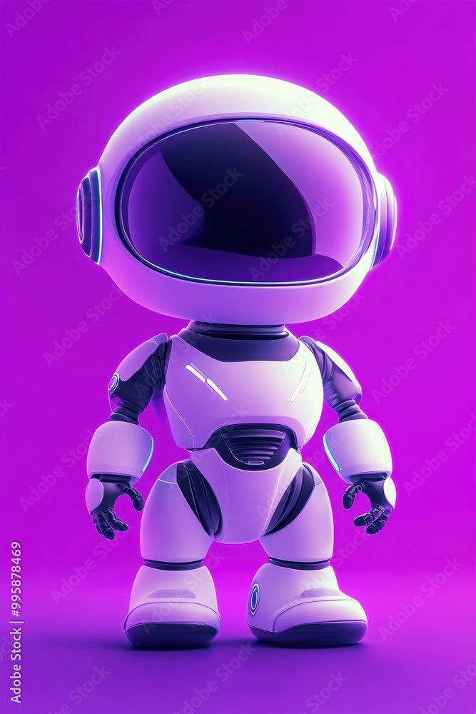 Poster charming humanoid astronaut robot in a 2d cartoon style featuring a trendy and unique flat 3d design