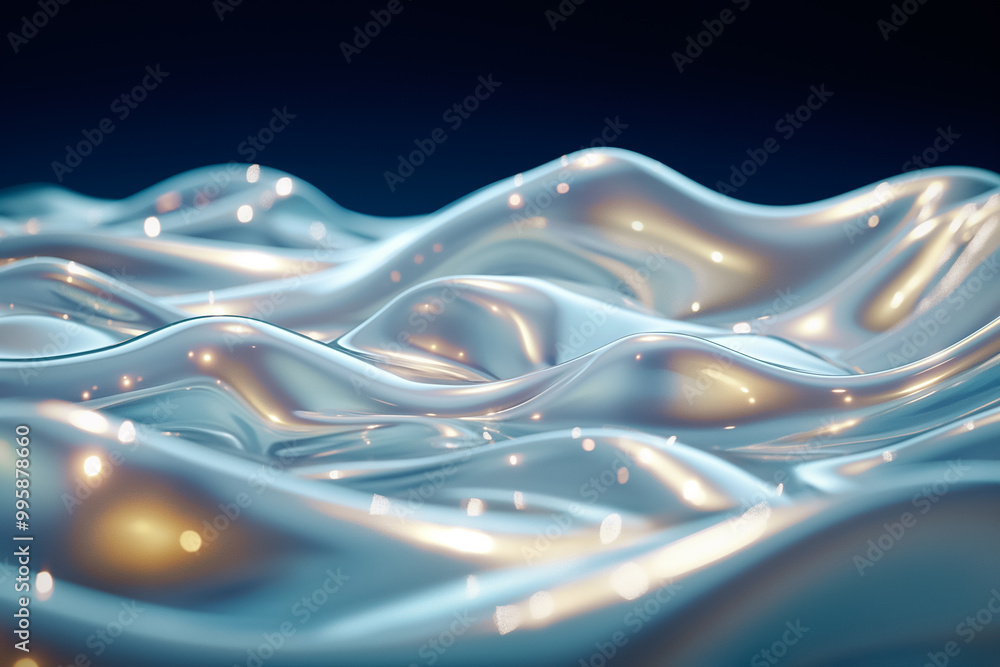 Poster the smooth, reflective surface of undulating waves glimmers under soft lighting, providing a soothin