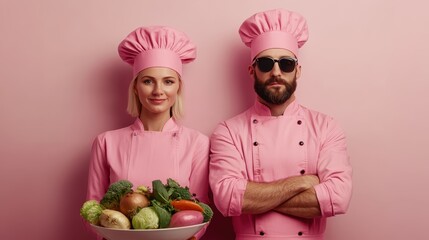 A male and female chef wearing matching pink outfits stand against a pink background, holding a bowl of fresh vegetables, showcasing culinary creativity and teamwork.