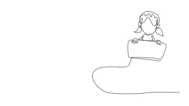 Animated self drawing of single continuous line drawing girl comes out of the top of the big sock. Special children play happily. Without discrimination. World Down Syndrome Day. Full length animation