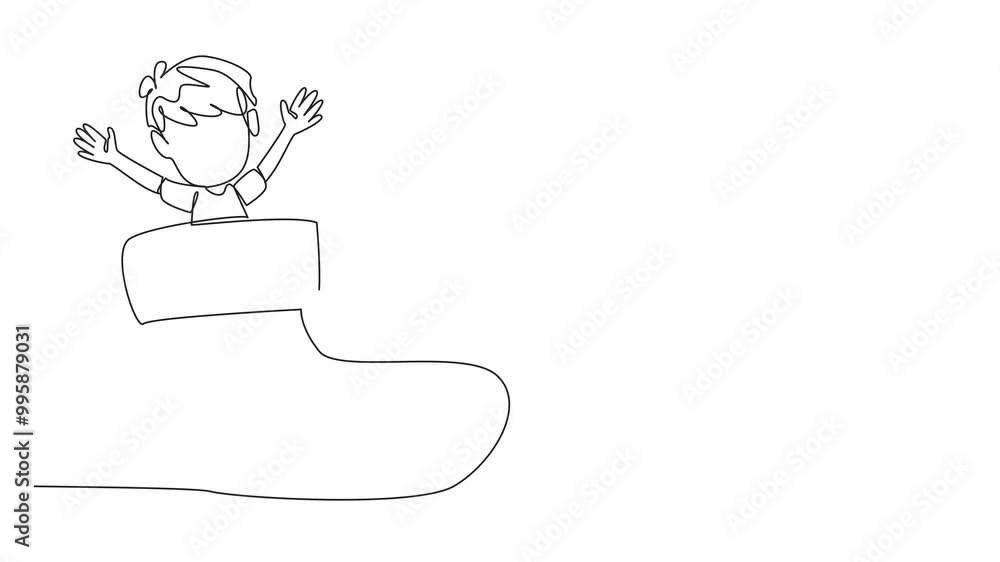Poster self drawing animation of single one line drawing boy out of big socks. play with joy and still get 