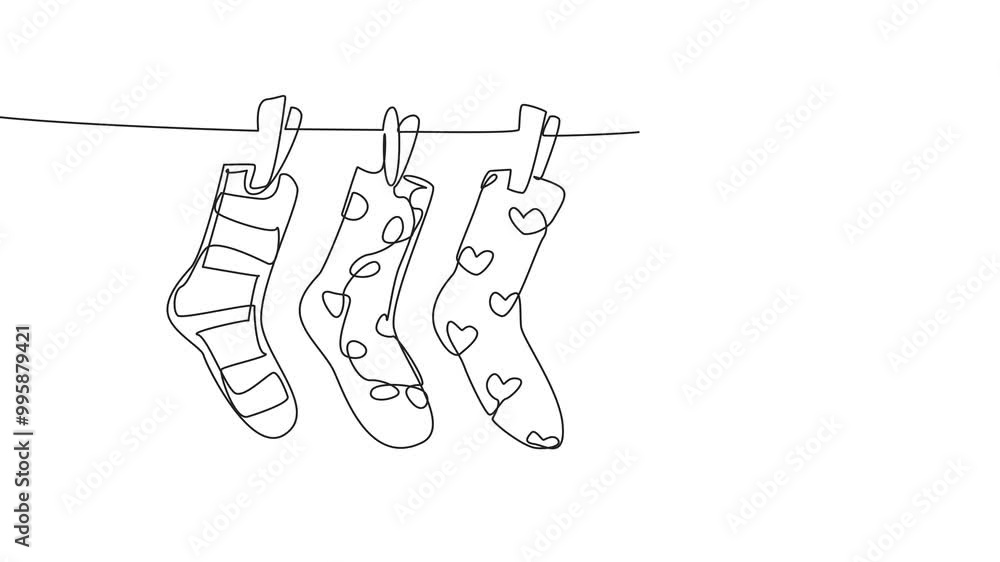Poster animated self drawing of continuous one line drawing five colorful socks with various motifs. socks 