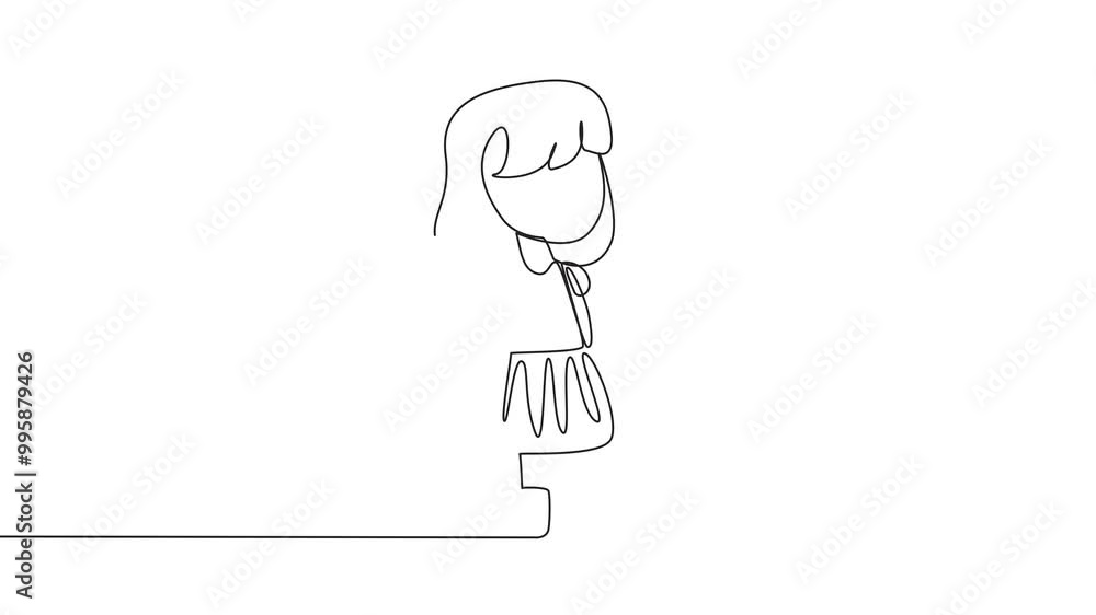 Poster self drawing animation of single continuous line drawing girl standing wearing different socks. chee