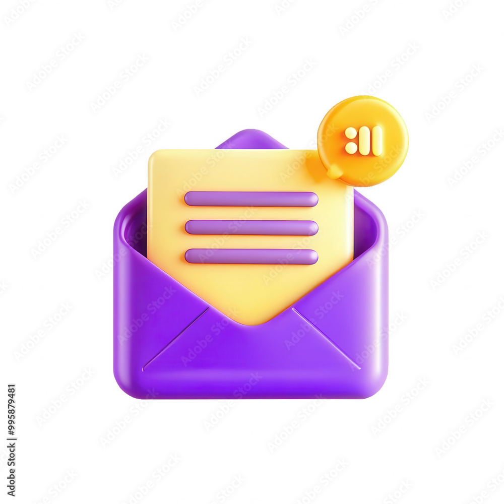 Poster a vibrant 3d representation of an email envelope in purple with yellow content inside and a notifica