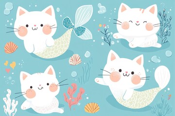 Cute cat mermaids featured in a whimsical monthly calendar template Delightful 2D cartoon illustration in EPS format Perfect for cat lovers