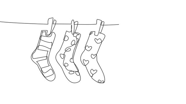 Animated self drawing of continuous one line drawing five colorful socks with various motifs. Socks to raise awareness. Chromosome shape is like a sock. World Down Syndrome Day. Full length animation