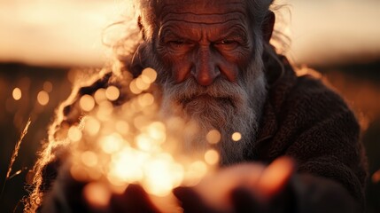 An individual holding glowing lights in their hands with the backdrop of twilight skies and open fields, creating a magical, warm atmosphere of wonder and serenity.