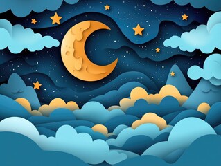 Paper cut night sky featuring a dreamy backdrop with moon stars and clouds creating an abstract fantasy scene in a 2D cartoon origami style illustration