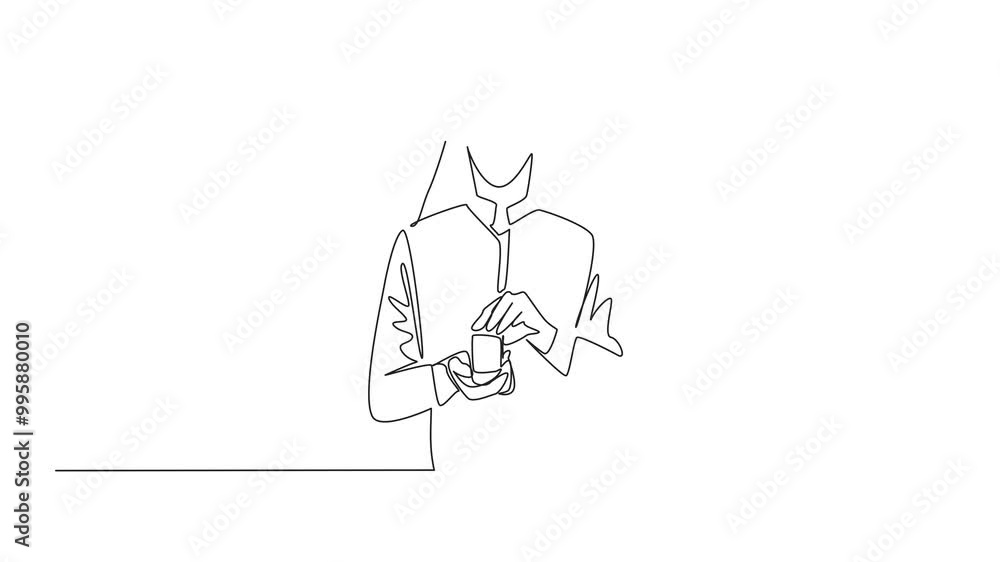 Poster self drawing animation of a single continuous line drawing of an arabian man holding an open ring bo