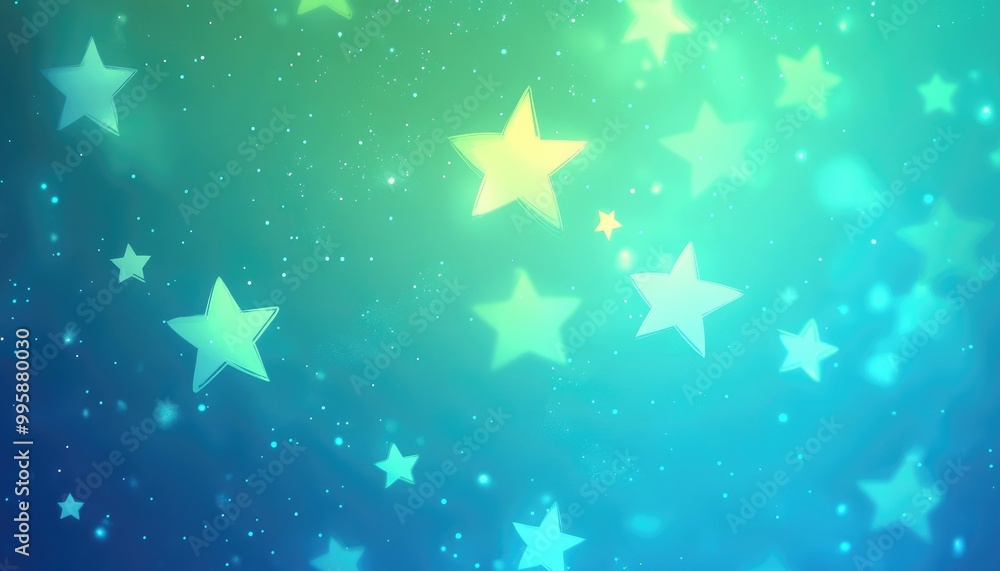 Poster light blue and green 2d cartoon design featuring cosmic stars blurred abstract background with a gra