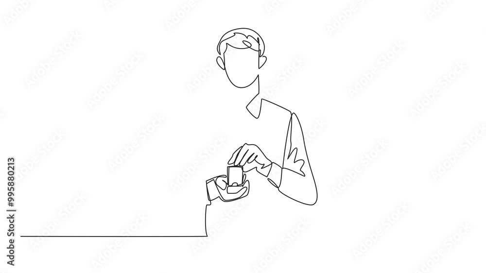 Poster animation of single continuous line drawing clean and fragrant looking man holding an open ring box.