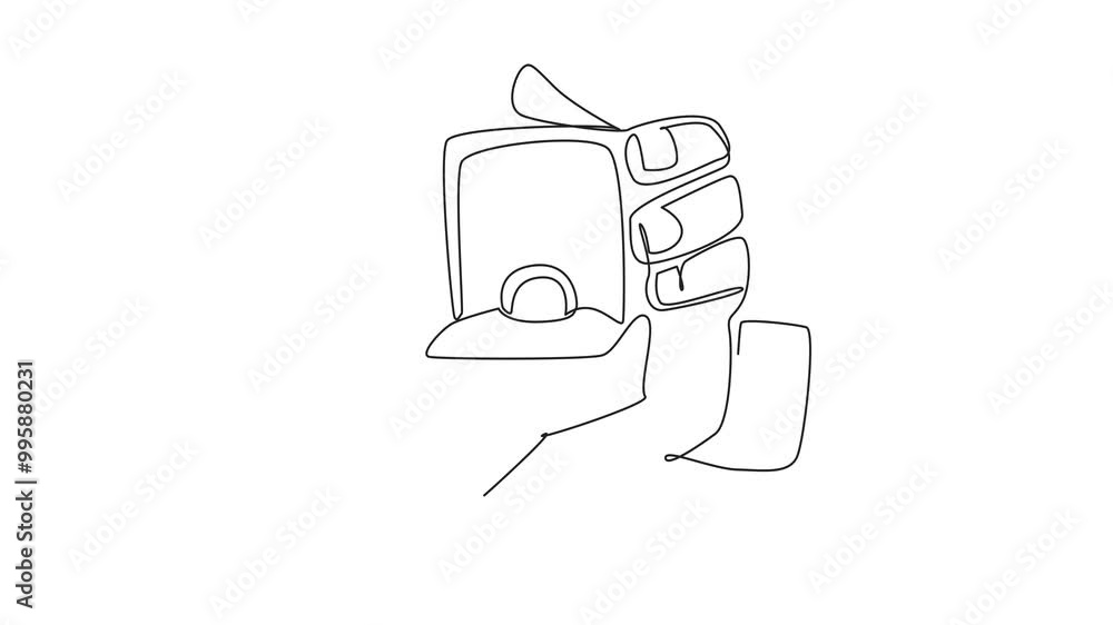 Poster self drawing animation of single one line drawing man holding open ring box with both hands. serious