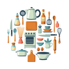 A collection of kitchen utensils and cutlery in a circle. The utensils include a knife, spoon, fork and spatula. Also a kettle, stove, saucepan and bowl