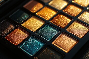 Fototapeta premium Shimmering gold and emerald eyeshadow palette displayed under dramatic lighting ideal for high shine luxurious makeup looks