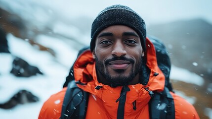 A content hiker dressed in orange winter clothing, stands amid falling snow with a serene smile, highlighting the beauty of a snowy mountain expedition.