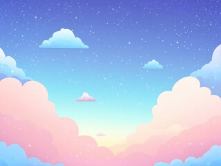 Pastel hued sky background featuring clouds and stars A whimsical soft toned landscape in a cartoon style 2D gradient illustration suitable for wallpaper use
