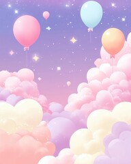 Adorable kawaii pink pastel landscape featuring a starry sky fluffy clouds and colorful balloons