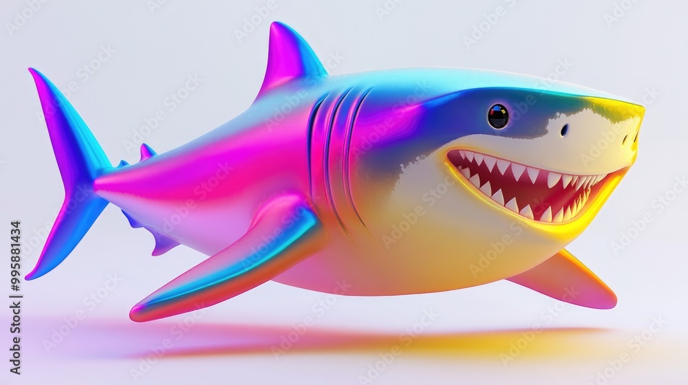 Poster Colorful 3D shark with a smiling expression against a plain background featuring a vibrant rainbow effect