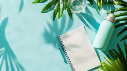 A clean, desk with a wellness planner, water bottle, and a leafy plant