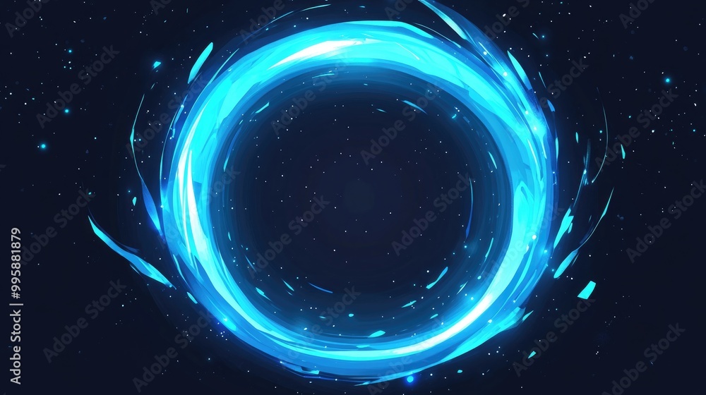 Poster blue circular teleport game effect in flat style featuring a 2d cartoon illustration on a black back