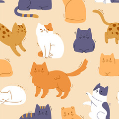 Cute flat cat pattern. Seamless vector print with different cartoon cats. Stylized kittens pattern.