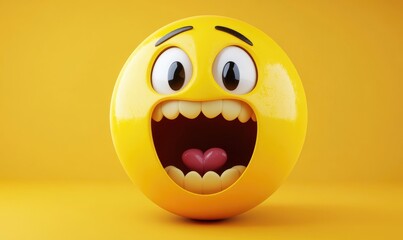 Fototapeta premium Open mouthed emoji with visible teeth showing an expression of excitement or surprise Yellow round face conveying a sense of craziness and vibrant emotion