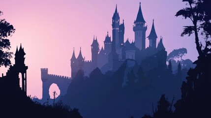 Fototapeta premium Medieval fortress silhouette in a fantasy style featuring a 2D cartoon illustration of a castle with distinctive outlines