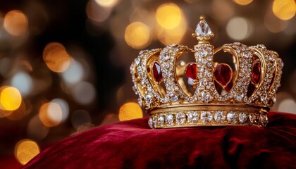 A golden crown adorned with intricate gems, resting on a velvet pillow, golden crown, royalty and power