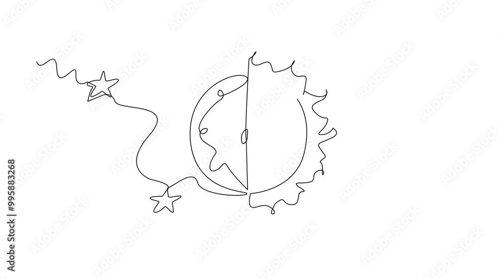 Poster animation of single continuous line drawing half sun and half moon. day and night have the same time