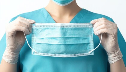A close-up of a healthcare worker adjusting a face mask, photorealistic illustration, detailed texture, isolated on white background