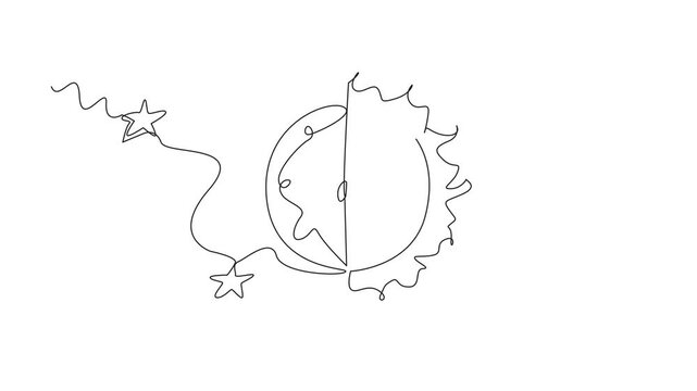 Animation of single continuous line drawing half sun and half moon. Day and night have the same time. Duration of each is 12 hours. Astronomical phenomena. Self drawing animated. Full length motion