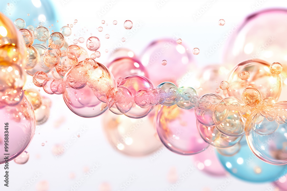 Poster colorful bubbles float gracefully in a soft background, capturing a play of light and reflections. t