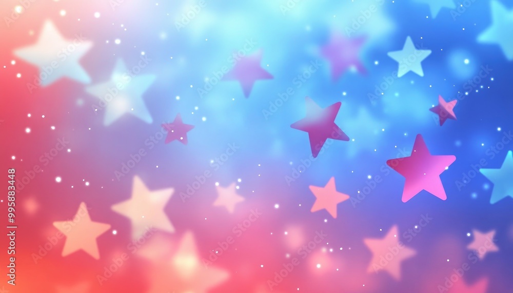 Poster light blue and red 2d cartoon template featuring space stars on a blurred abstract gradient backgrou
