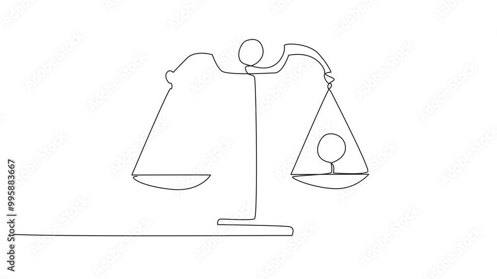 Poster animation of continuous one line drawing the sun on the left of scale and the full moon on the other