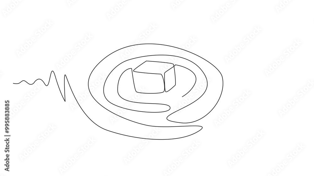 Poster animated self drawing of continuous one line drawing caramel cube on top of chocolate swirl. an adve