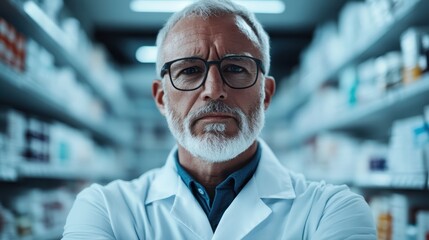 A mature pharmacist in a white coat stands determinedly among stocked shelves, embodying precision, ethics, and dedication within a pharmacy connotation.