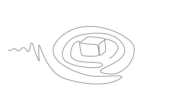 Animated self drawing of continuous one line drawing caramel cube on top of chocolate swirl. An advertisement that raises appetite. Sweet candy. National Chocolate Caramel Day. Full length animation