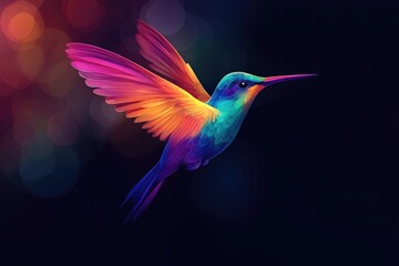 Vivid hummingbird against a dark backdrop in a 2D cartoon style illustration
