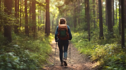 Obraz premium A person hiking through a forest trail, embracing nature and wellness outdoors