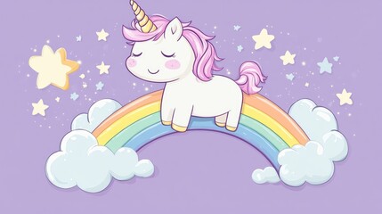 Charming 2D cartoon of a sweet unicorn and rainbow featuring an adorable kawaii fairytale creature on a purple rainbow with a cloud perfect for children s prints and greeting cards