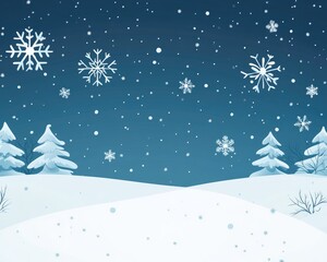 Obraz premium Festive winter scene with falling snow and whimsical flying snowflakes featuring a silver snowflake overlay template in a 2D cartoon style