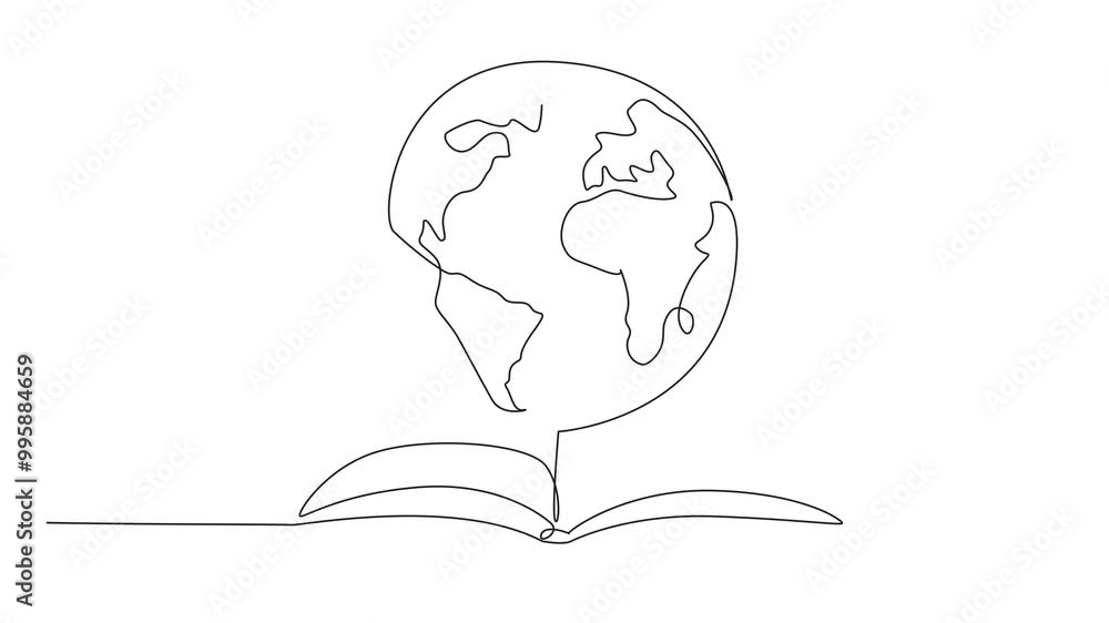Poster self drawing animation of single one line drawing globe on open book. telling useful knowledge. incr