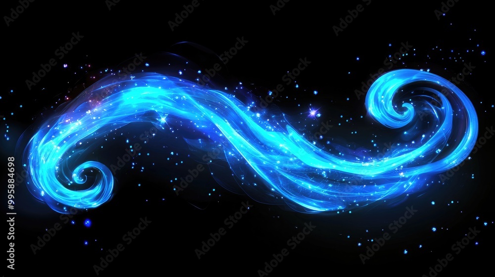 Poster glowing blue swirl with a wind effect creating a magical twirl sparkling trace of a spell depicting 