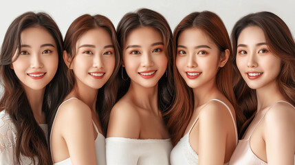 Obraz premium Group of young Asian women smiling together with natural beauty in soft lighting