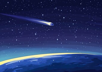 Naklejka premium Halley s Comet illuminates the night sky descending towards the earth A cosmic theme with stardust in the vast universe presented as a 2D cartoon illustration